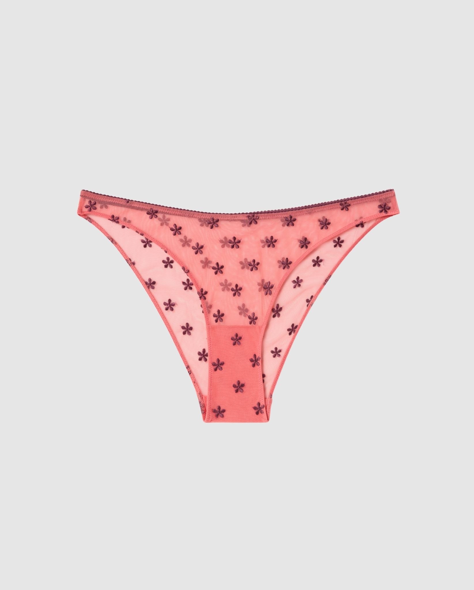 An mesh bikini brief in coral with cherry flower design.