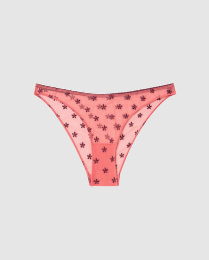 An mesh bikini brief in coral with cherry flower design.
