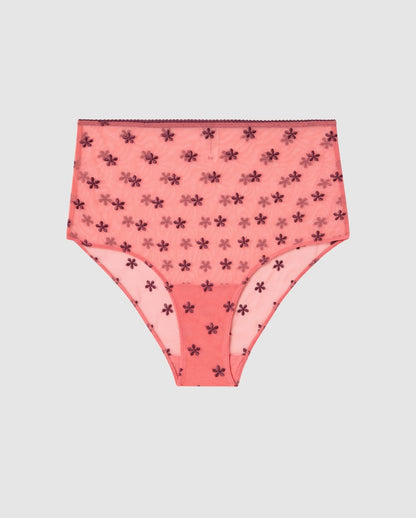 An highwaist brief in coral mesh with cherry flower accessories.