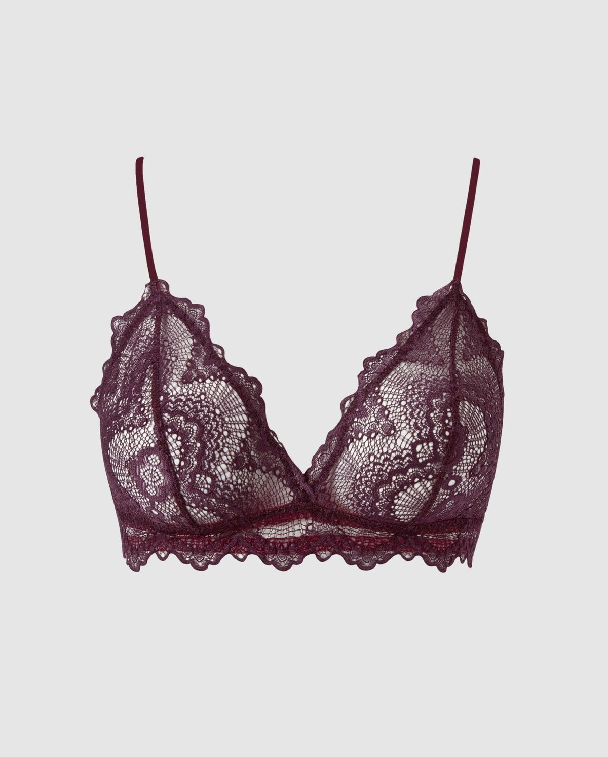 An lace triangle shaped bralette in the color cherry.