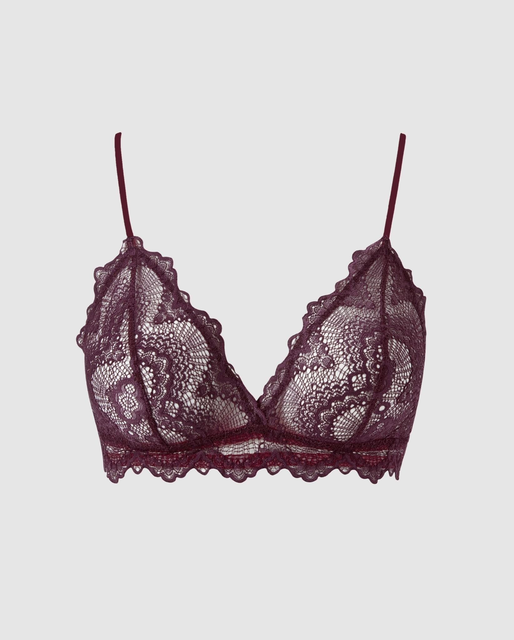 An lace triangle shaped bralette in the color cherry.