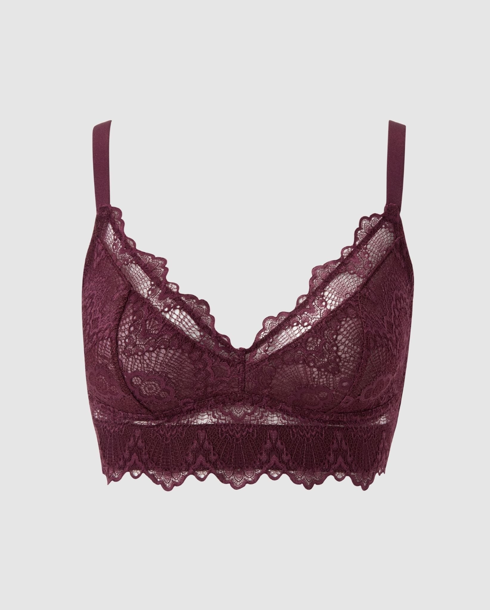 An supportive lace Bralette in an cherry color for larger cups with extra coverage and adjustable straps for comfort and support.