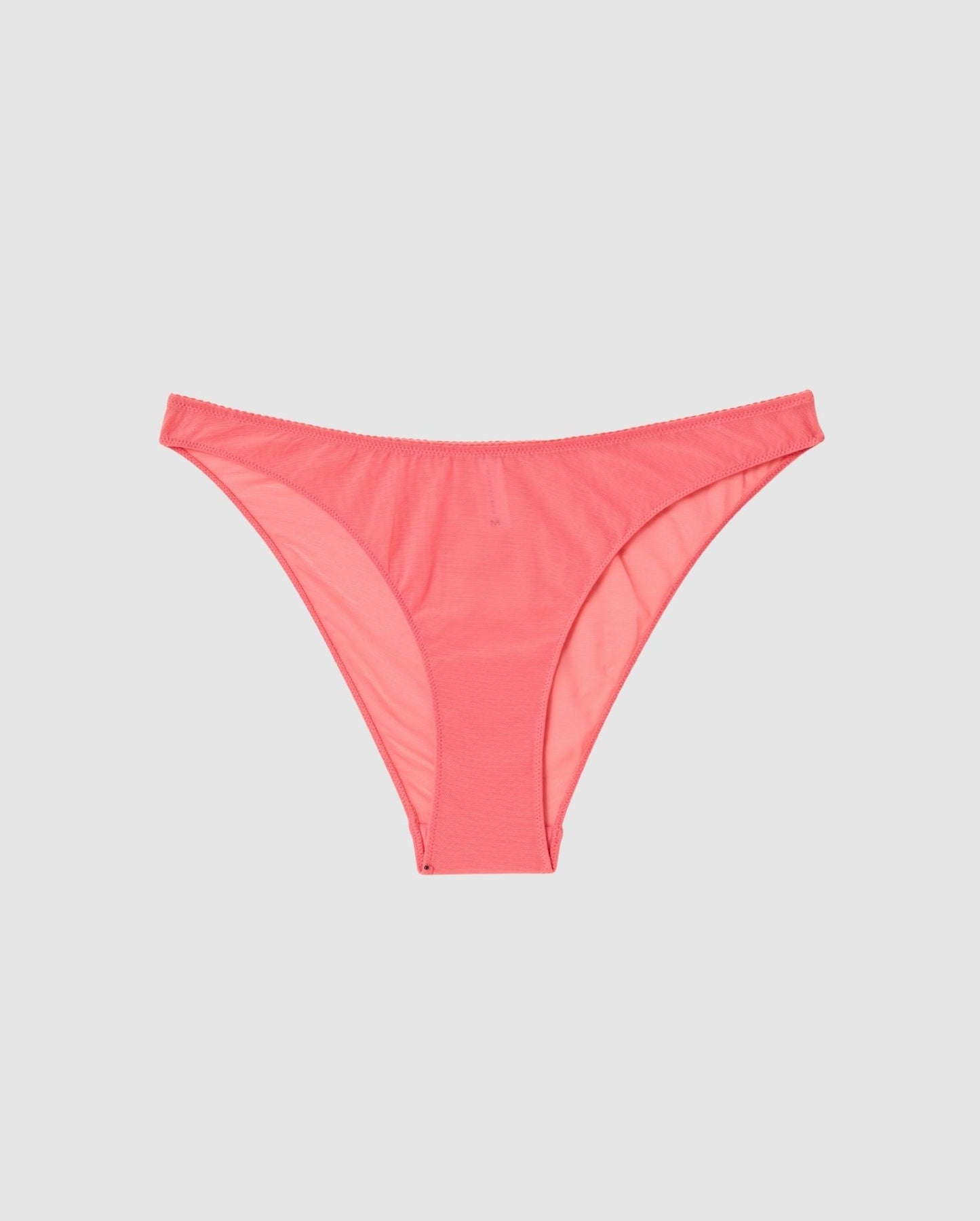 An mesh bikini brief in coral pink.