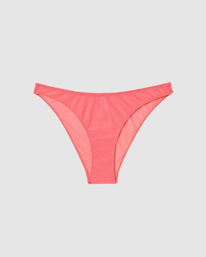 An mesh bikini brief in coral pink.