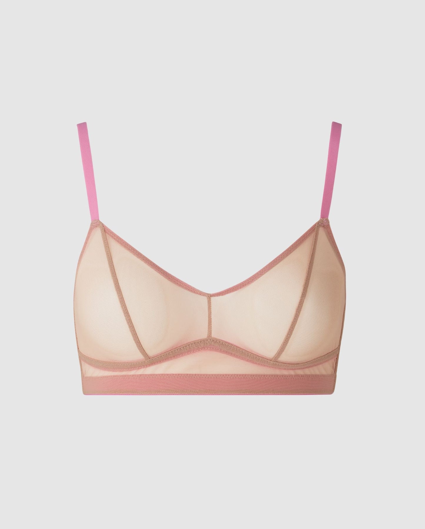 An wire-free mesh balconette in a warm beige/candy pink design. 
