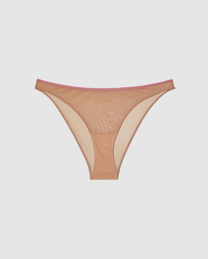 An Mesh Bikini brief with a warm beige and candy pink design. 