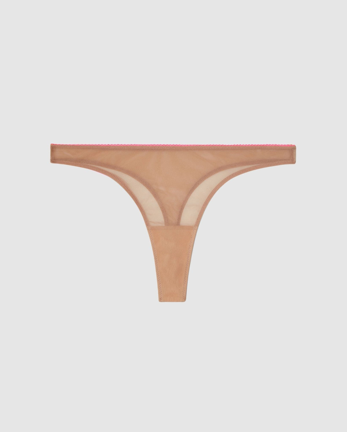 An mesh mid rise high cut panty in warm beige with pink accessories.