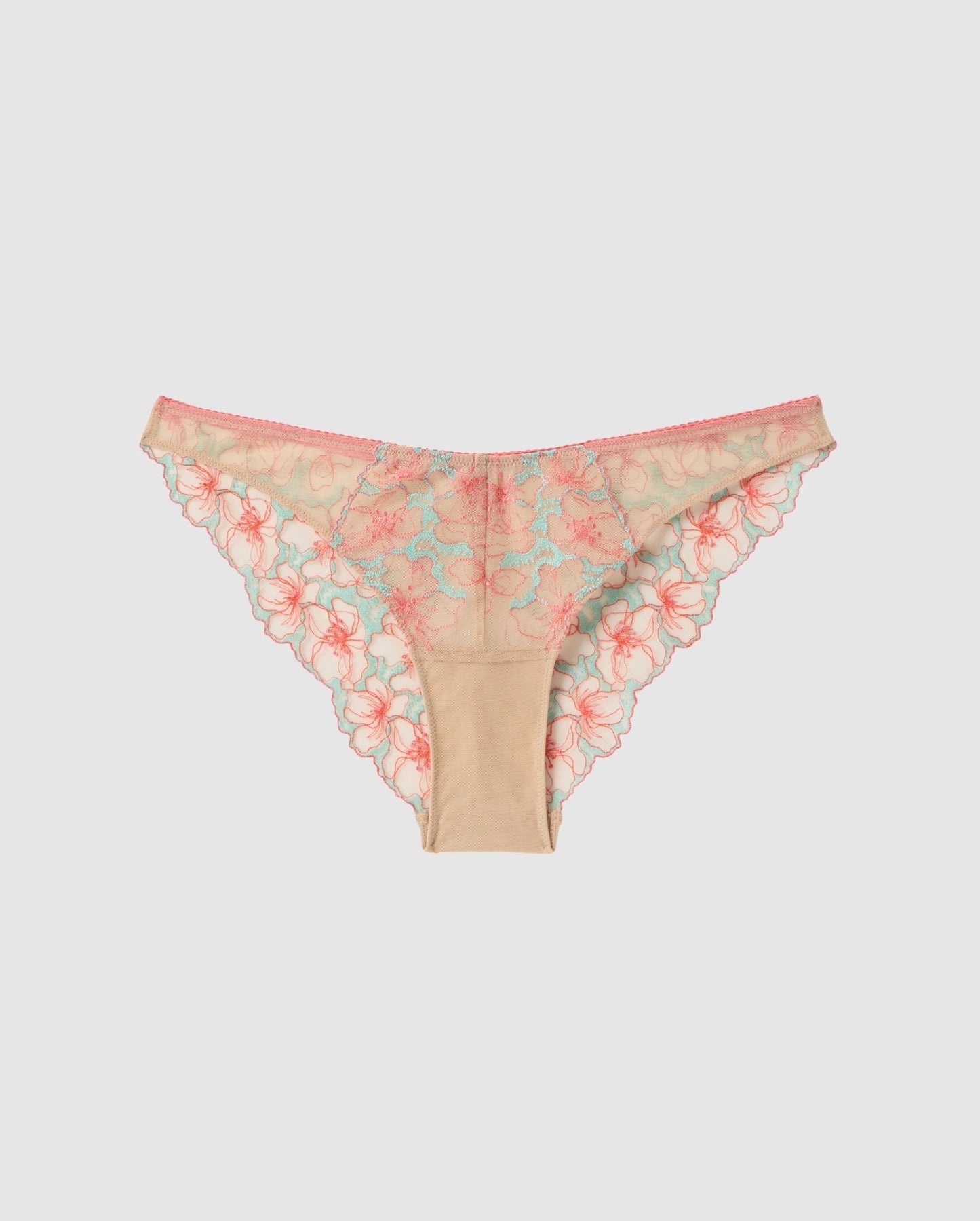 An bikini brief in a beige, pink and blue floral mesh.
