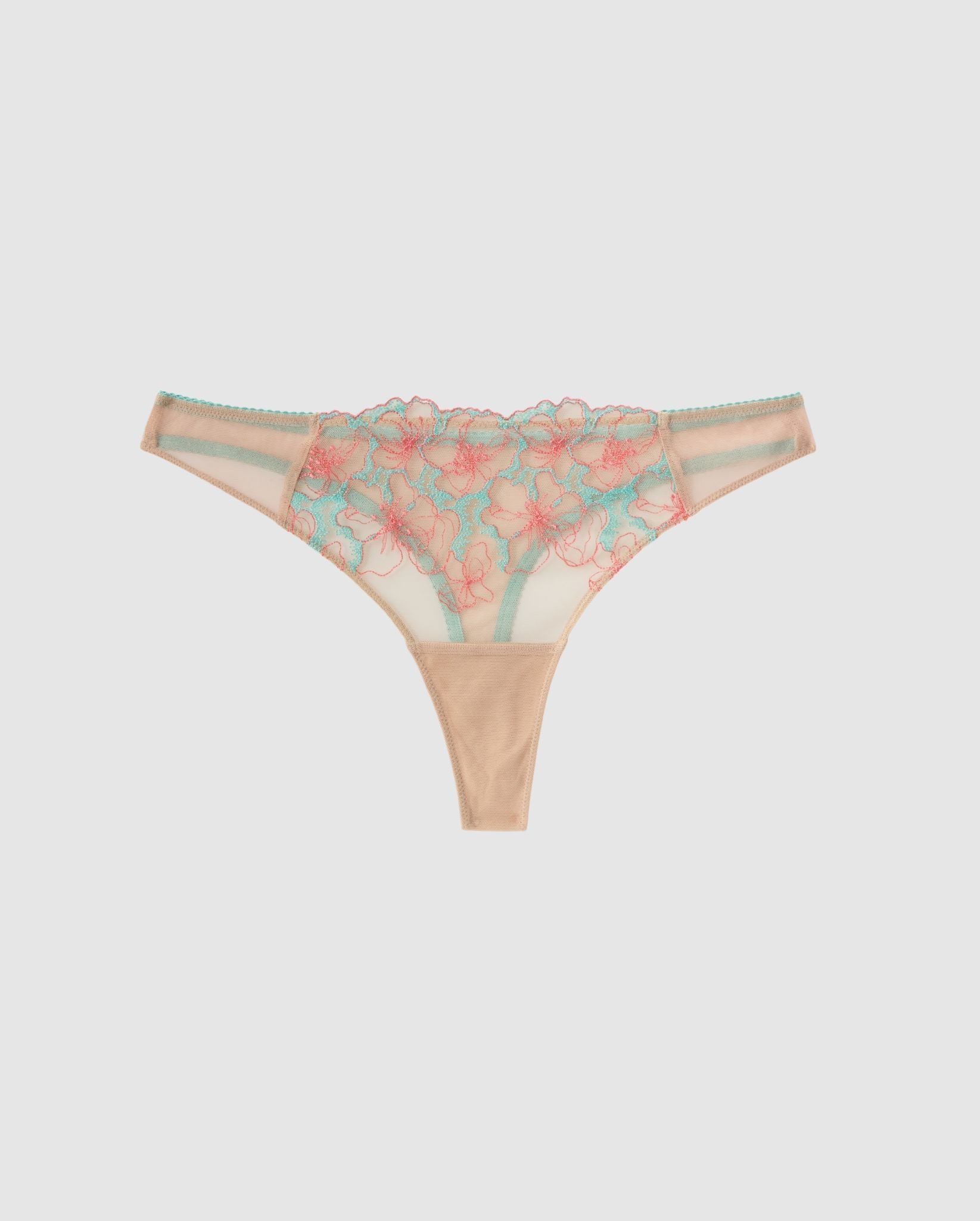 An mid rise high cut mesh panty with a floral design.