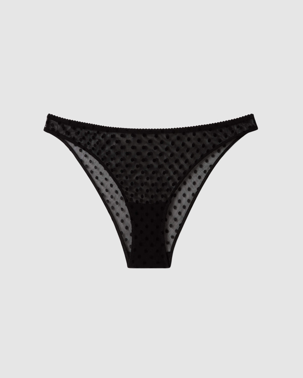A soft Mesh Bikini Brief with an black dot design. 