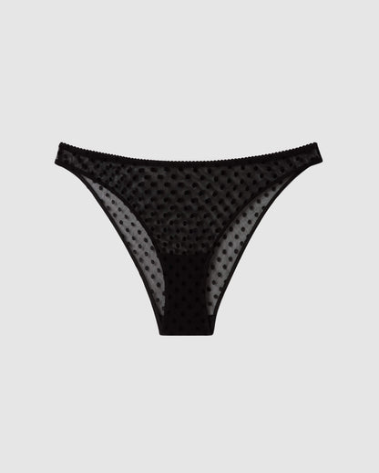 A soft Mesh Bikini Brief with an black dot design. 