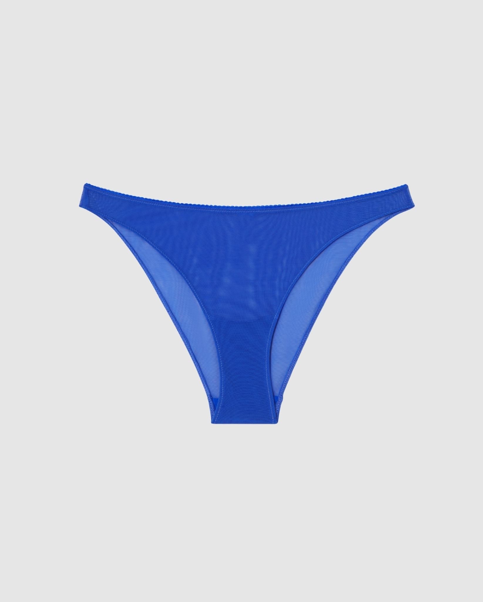 An mesh bikini brief in electric blue.