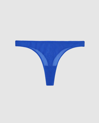 An mid rise high cut panty in blue mesh.