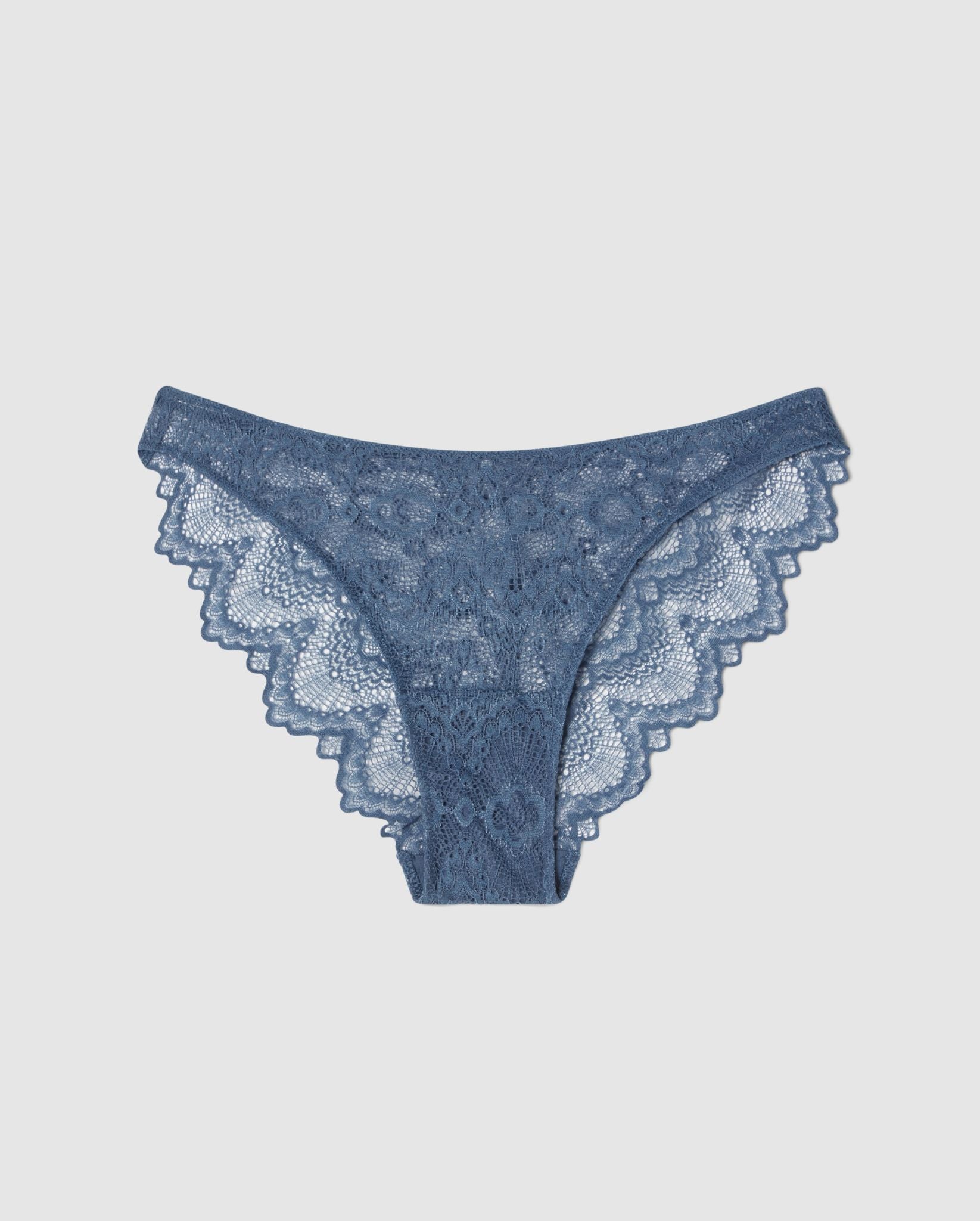 An lace bikini brief in faded blue.