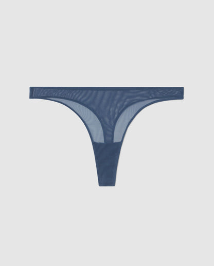 An mid rise high cut panty in faded blue mesh.