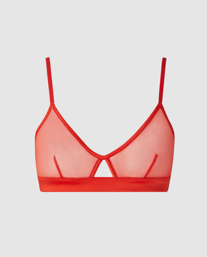 An red, triangle shaped bralette in mesh with an cut-out design.