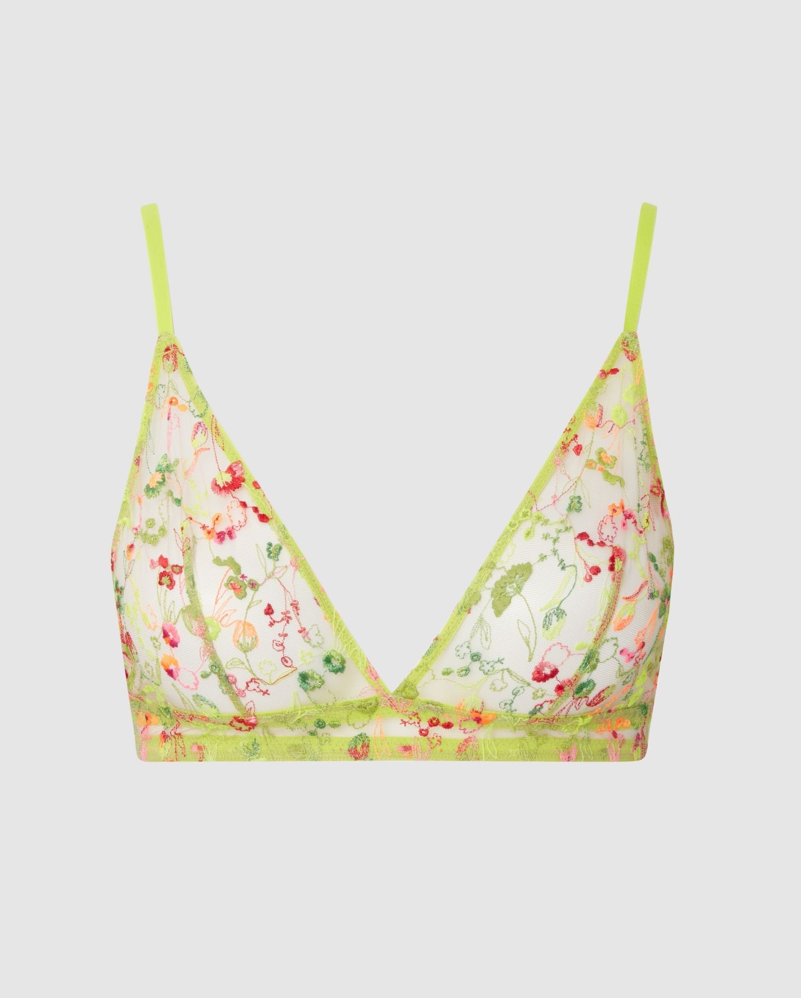 An mesh triangle bralette in a neon spring flower design.