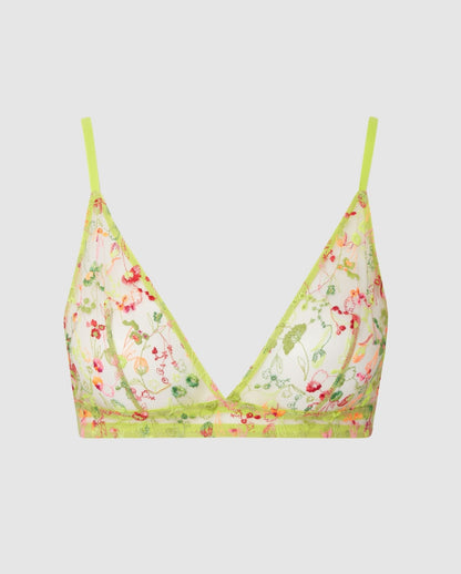 An mesh triangle bralette in a neon spring flower design.