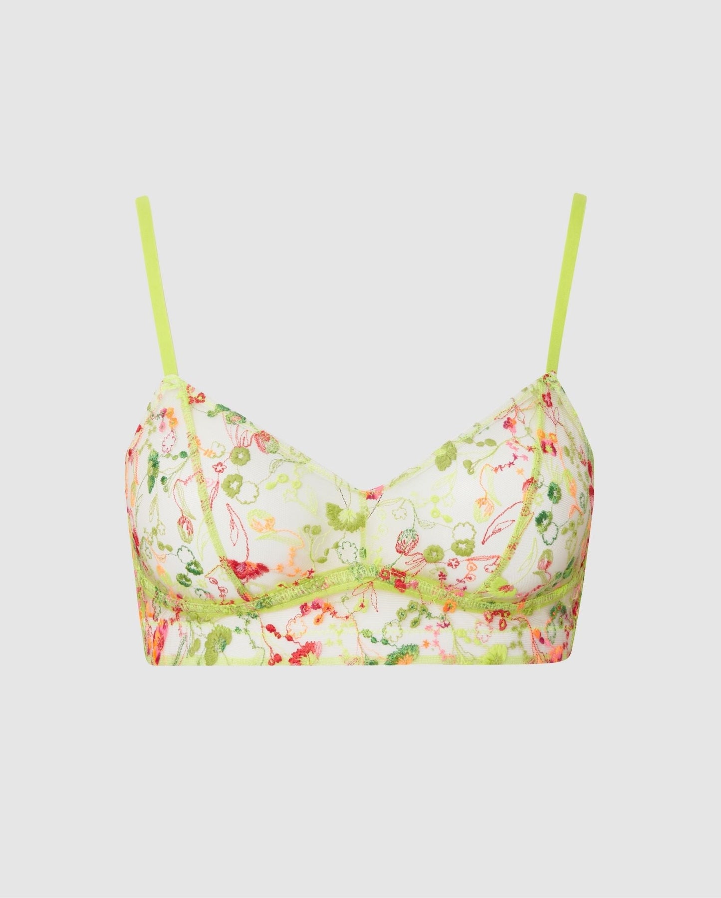 An mesh balconette in a neon yellow spring flower design.