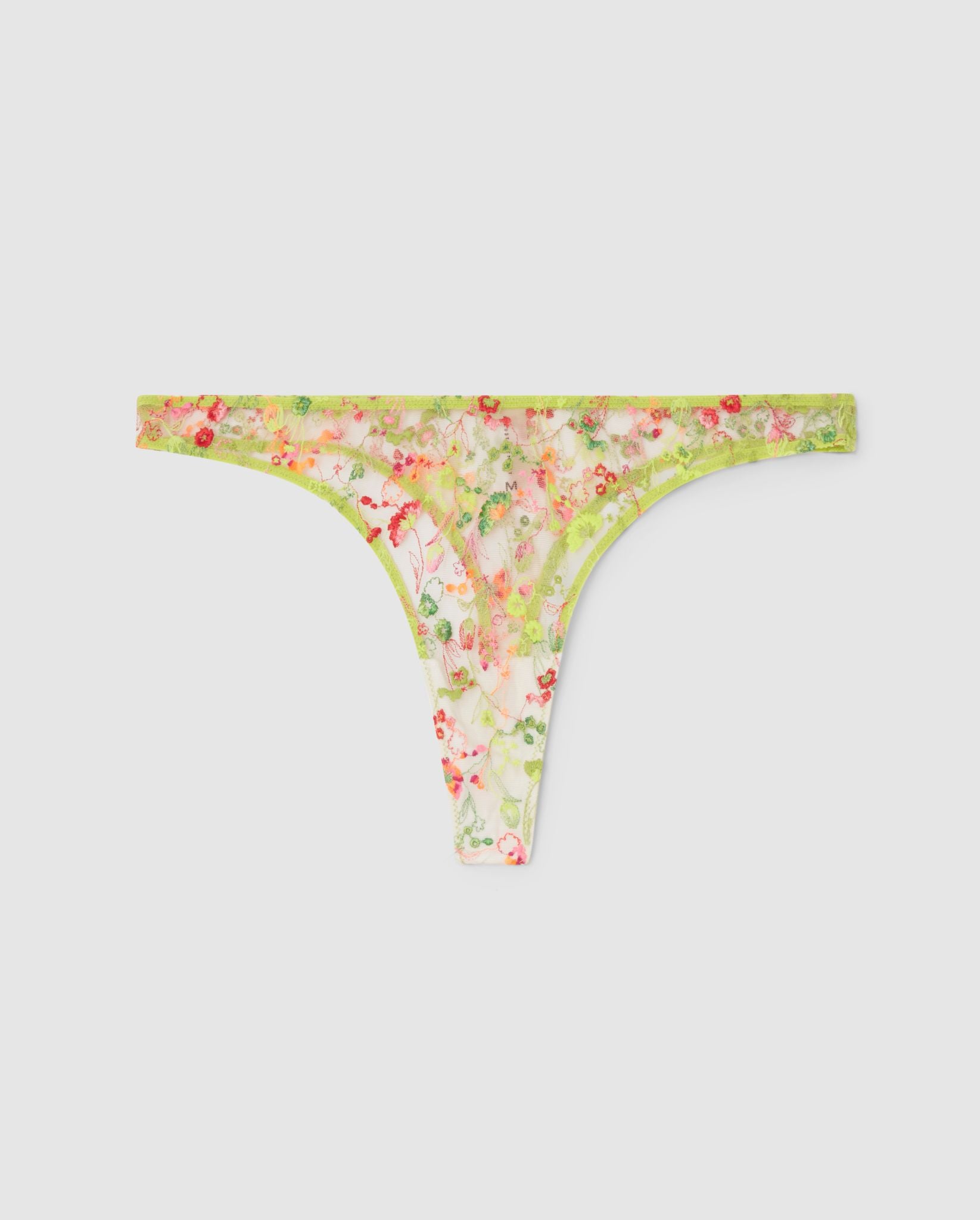 An mid rise high cut panty in a yellow floral mesh design.