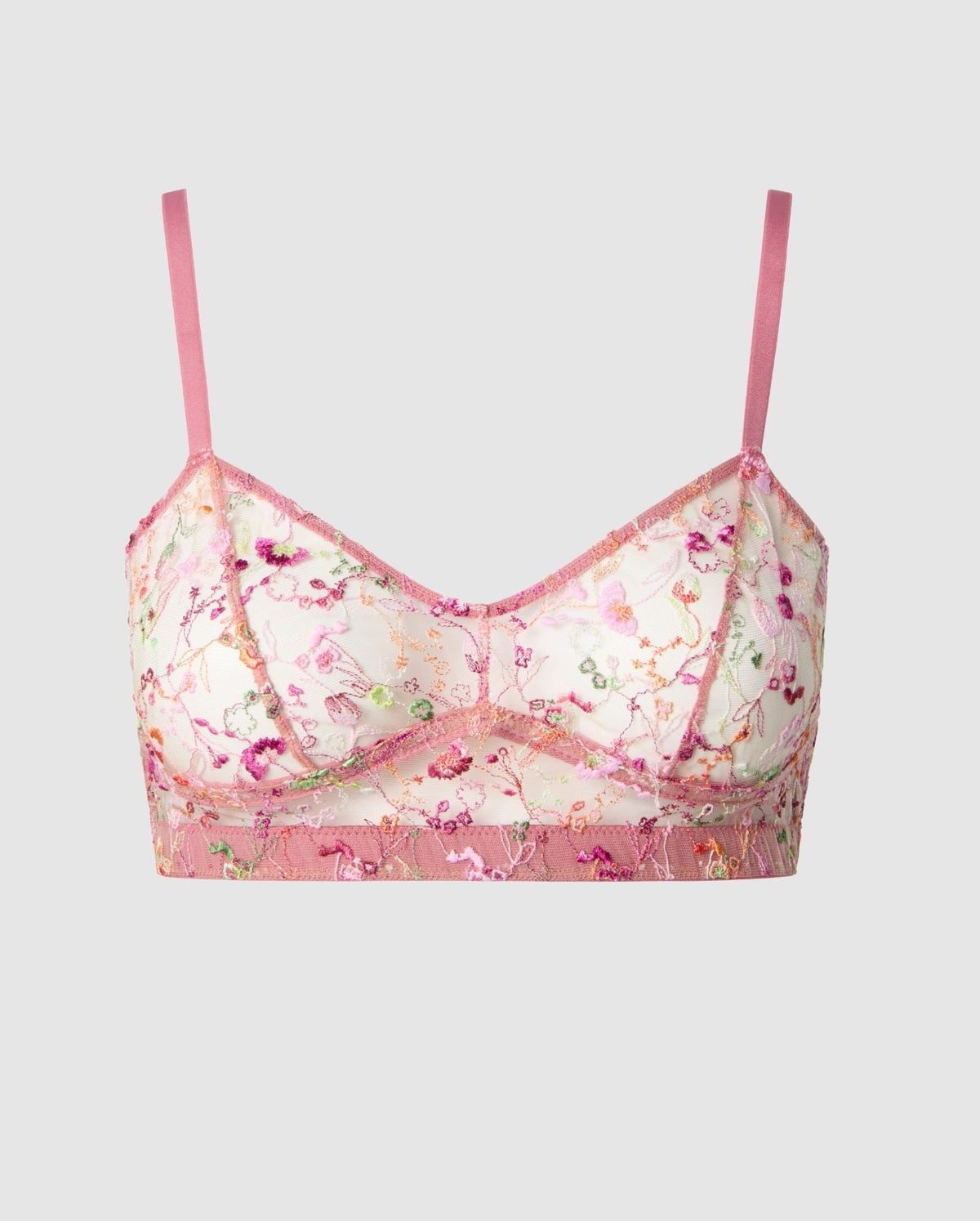 An mesh balconette in a pink floral design.