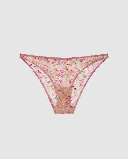 An bikini brief in a floral pink mesh.
