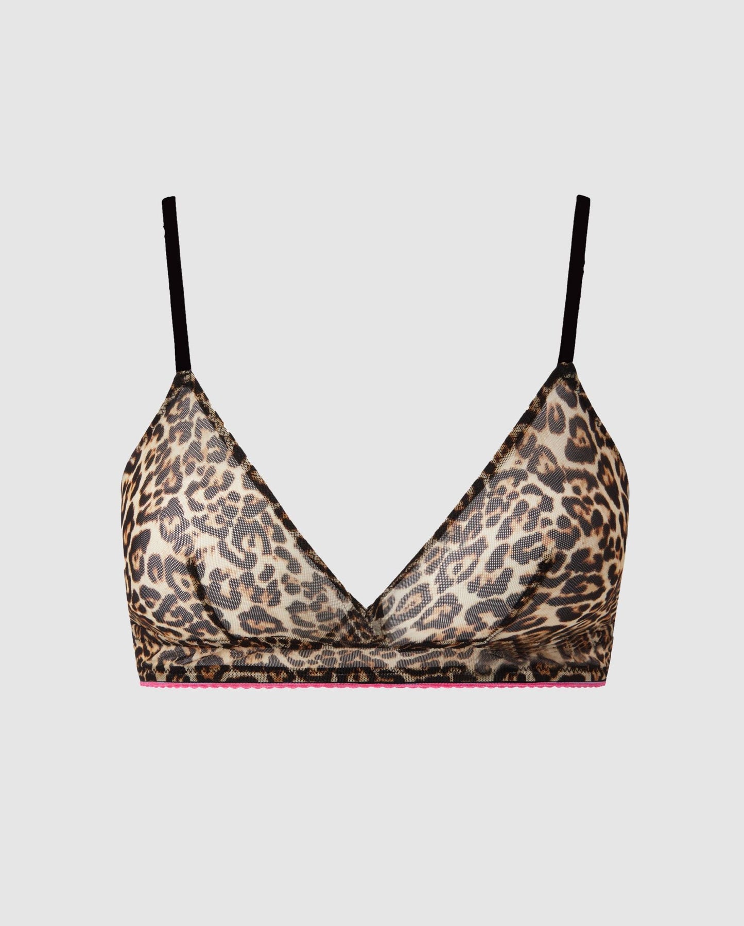 An leopard and candy pink, triangle shaped bralette in mesh.
