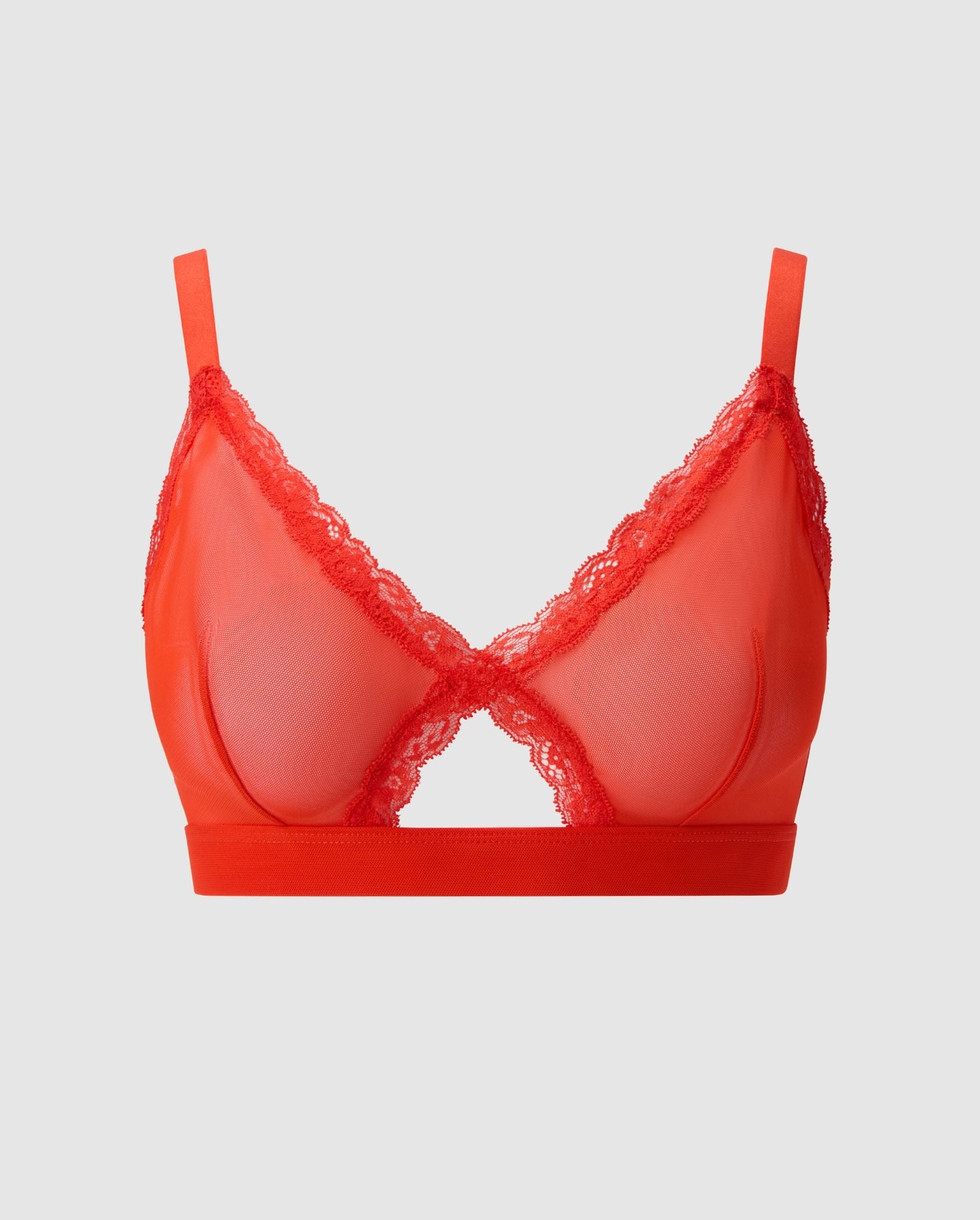 An red, triangle shaped bralette in mesh with an cut-out design with extra support.