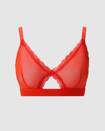 An red, triangle shaped bralette in mesh with an cut-out design with extra support.