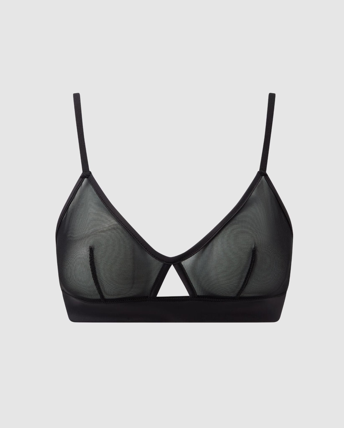 An black, triangle shaped bralette in mesh with an cut-out design.
