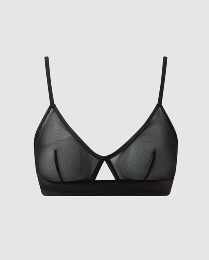An black, triangle shaped bralette in mesh with an cut-out design.