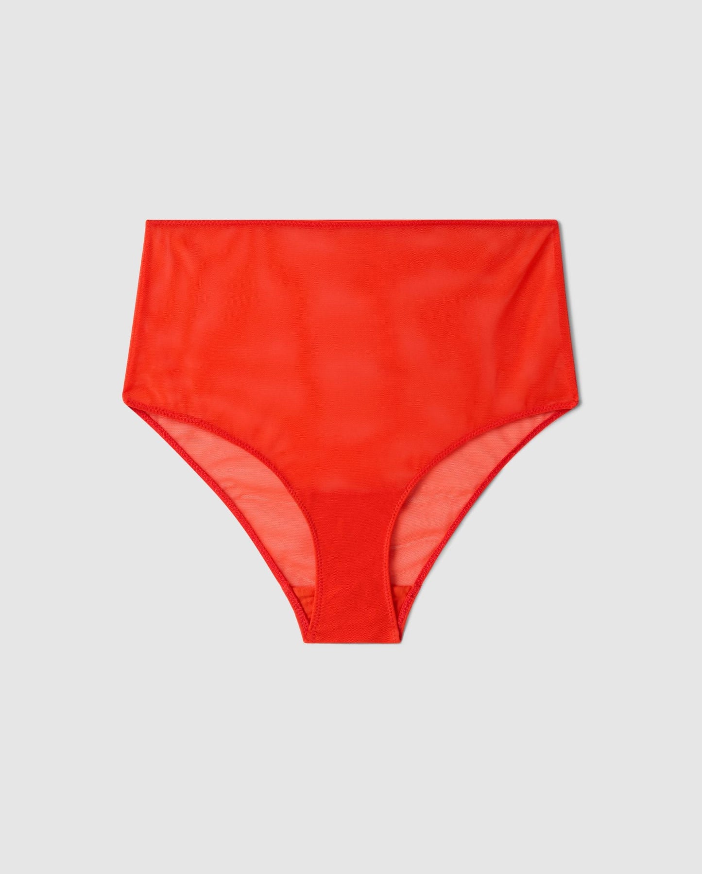 An High-waist Mesh Bikini brief with a red design. 