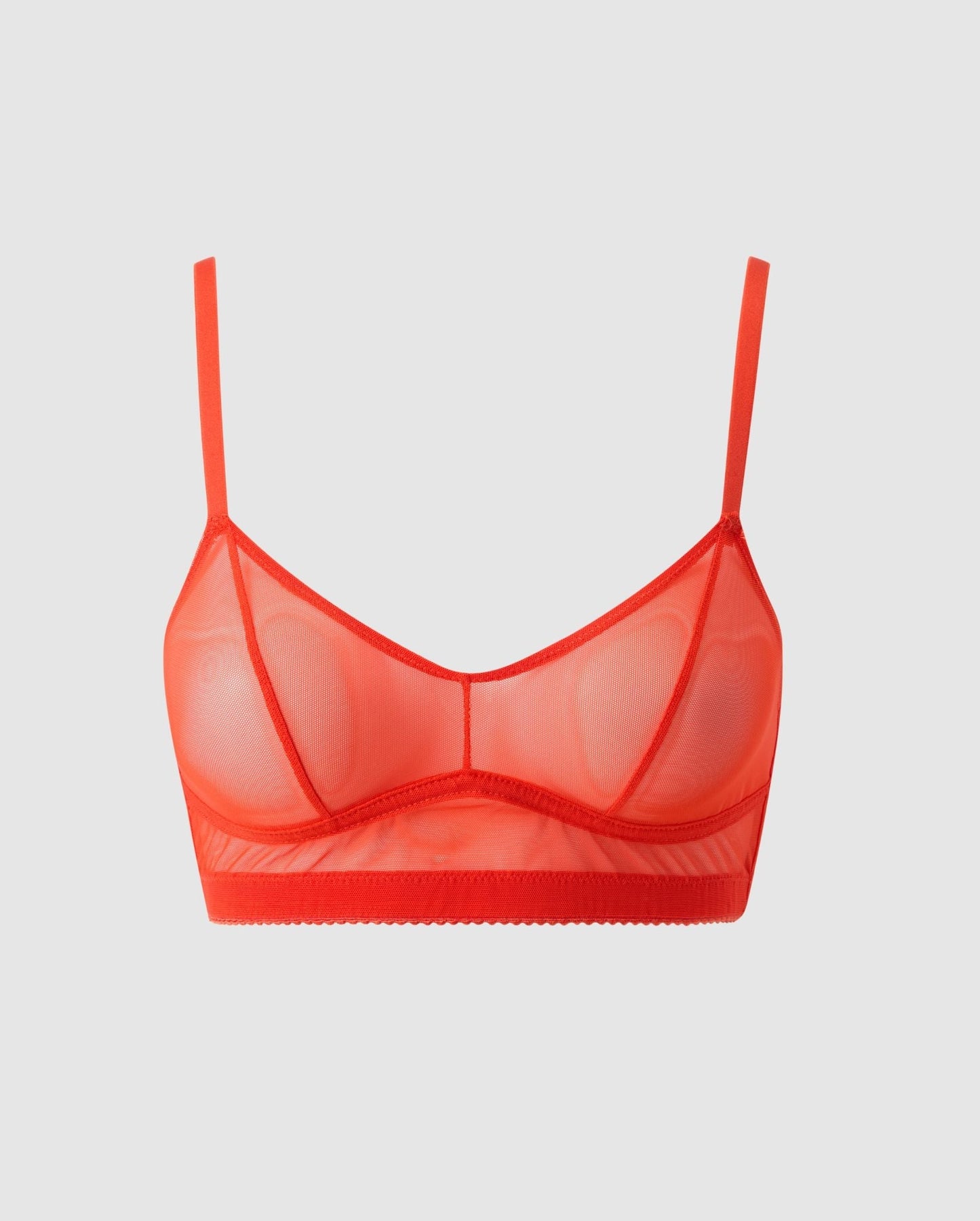 An wire-free mesh balconette in a red design. 
