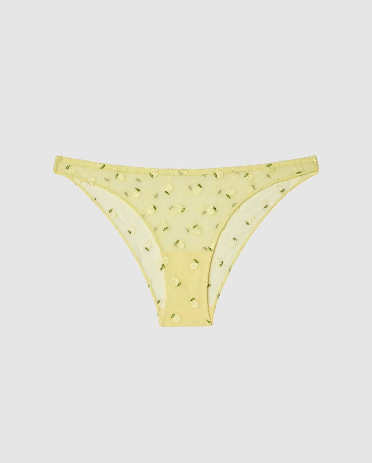 An mesh bikini brief in light yellow with a lemon design.
