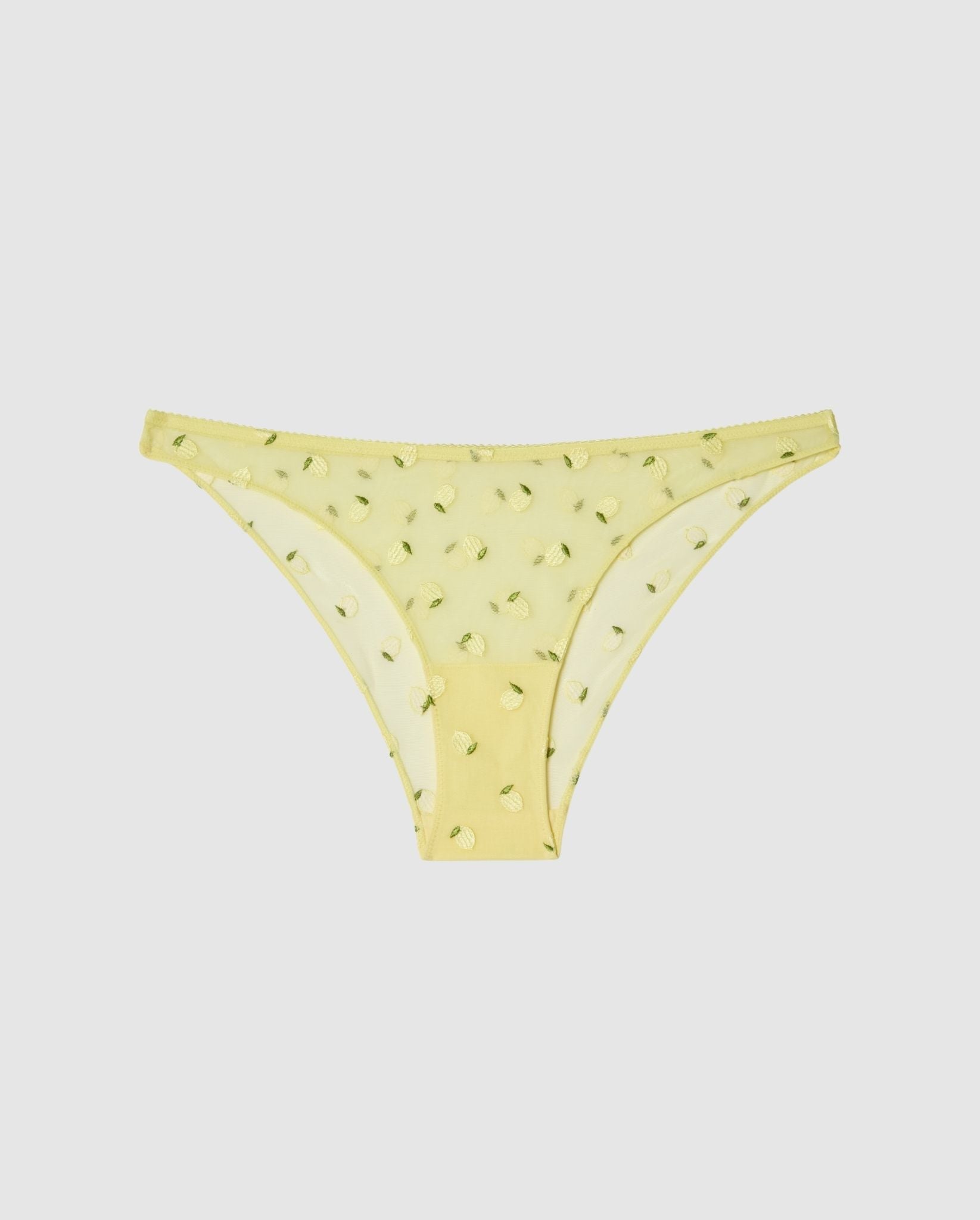 An mesh bikini brief in light yellow with a lemon design.