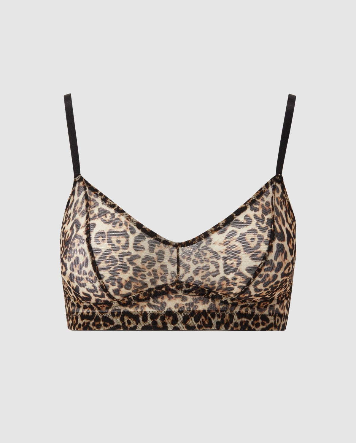 An wire-free mesh balconette in a leopard design. 
