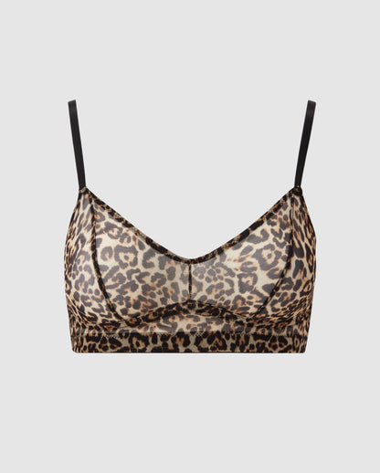 An wire-free mesh balconette in a leopard design. 