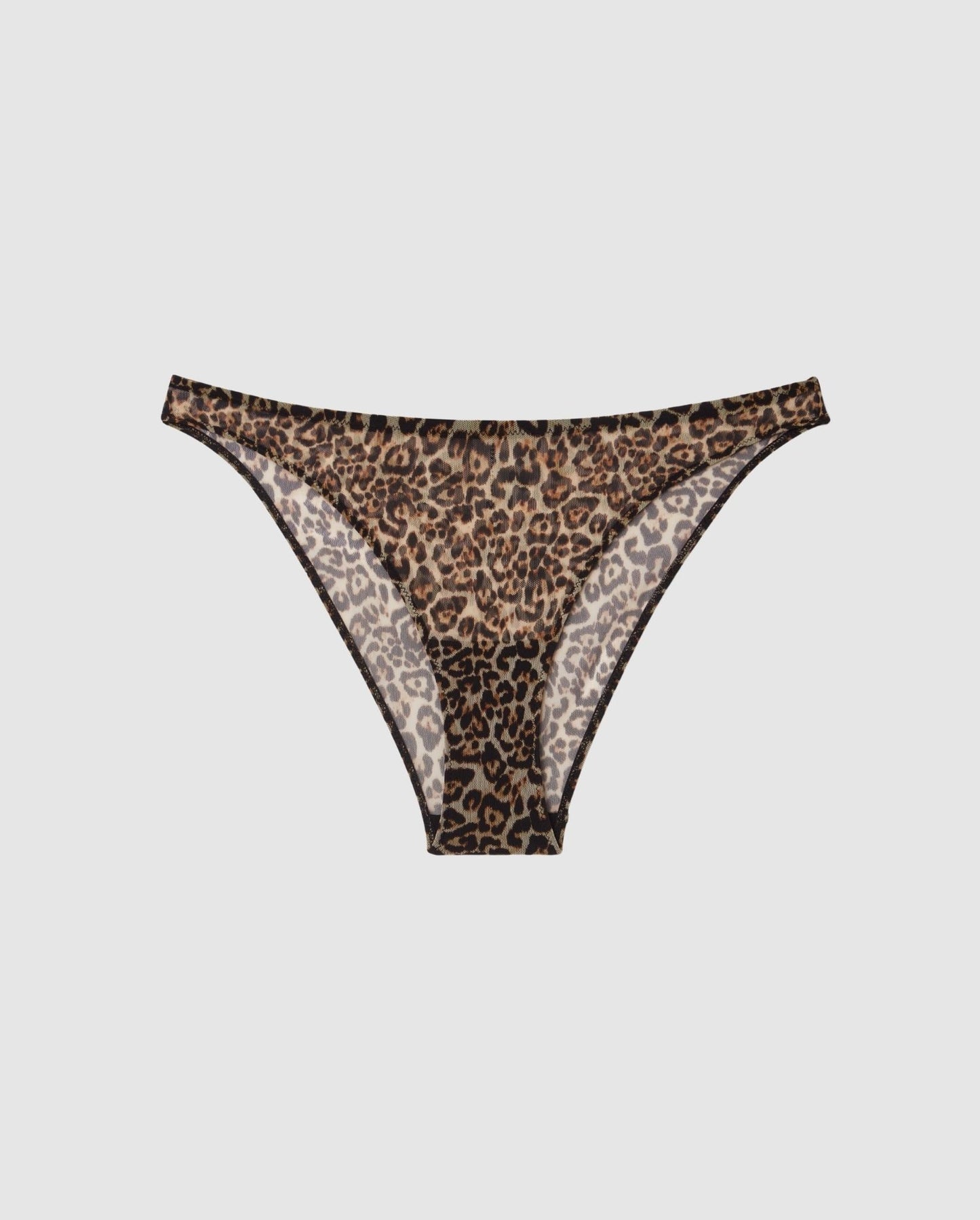 An Mesh Bikini brief with a leopard print design. 