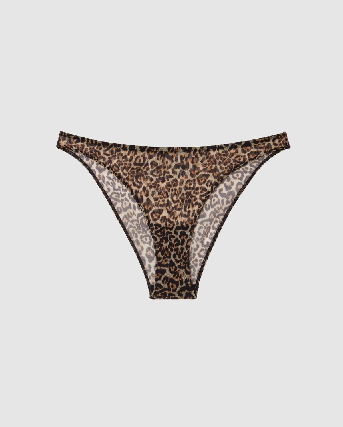 An Mesh Bikini brief with a leopard print design. 