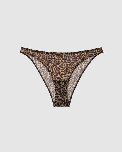An Mesh Bikini brief with a leopard print design. 