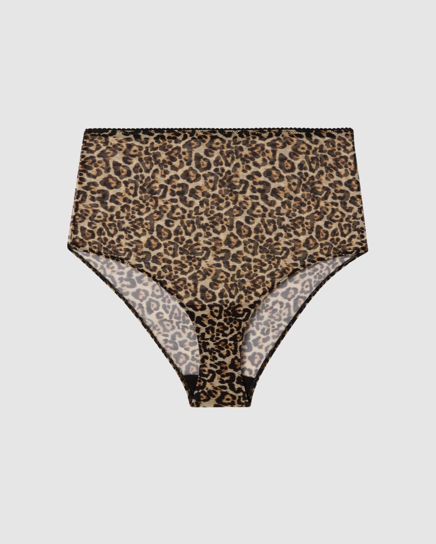 An High-waist Mesh brief with a leopard print design. 