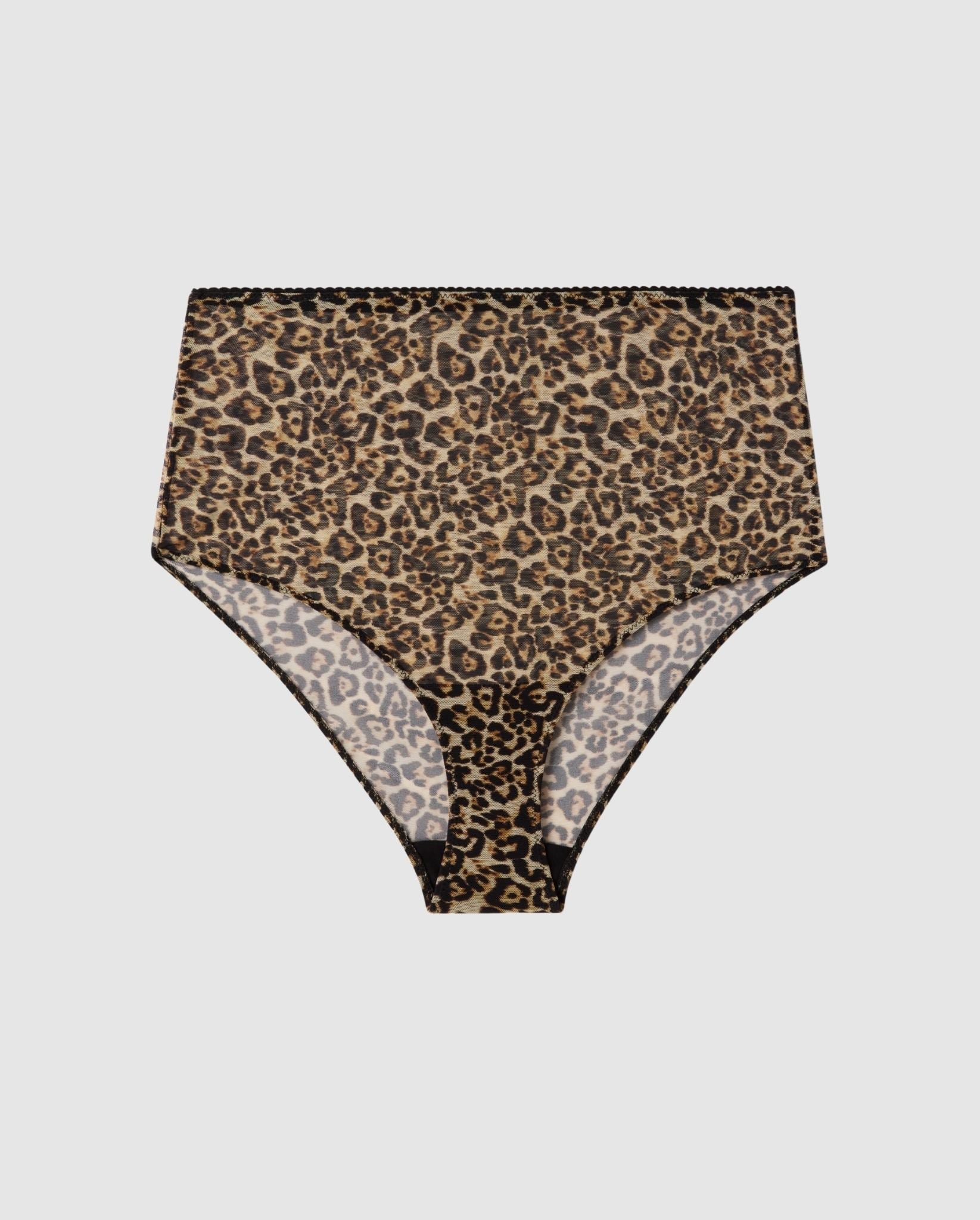 An High-waist Mesh brief with a leopard print design. 