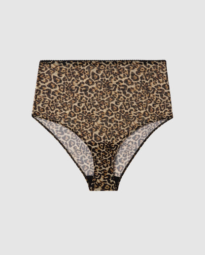An High-waist Mesh brief with a leopard print design. 