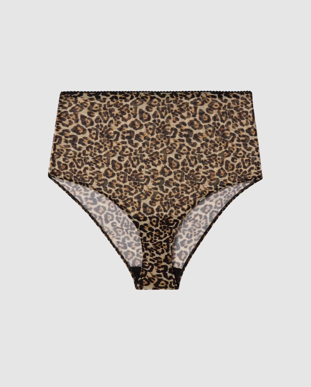 An High-waist Mesh brief with a leopard print design. 