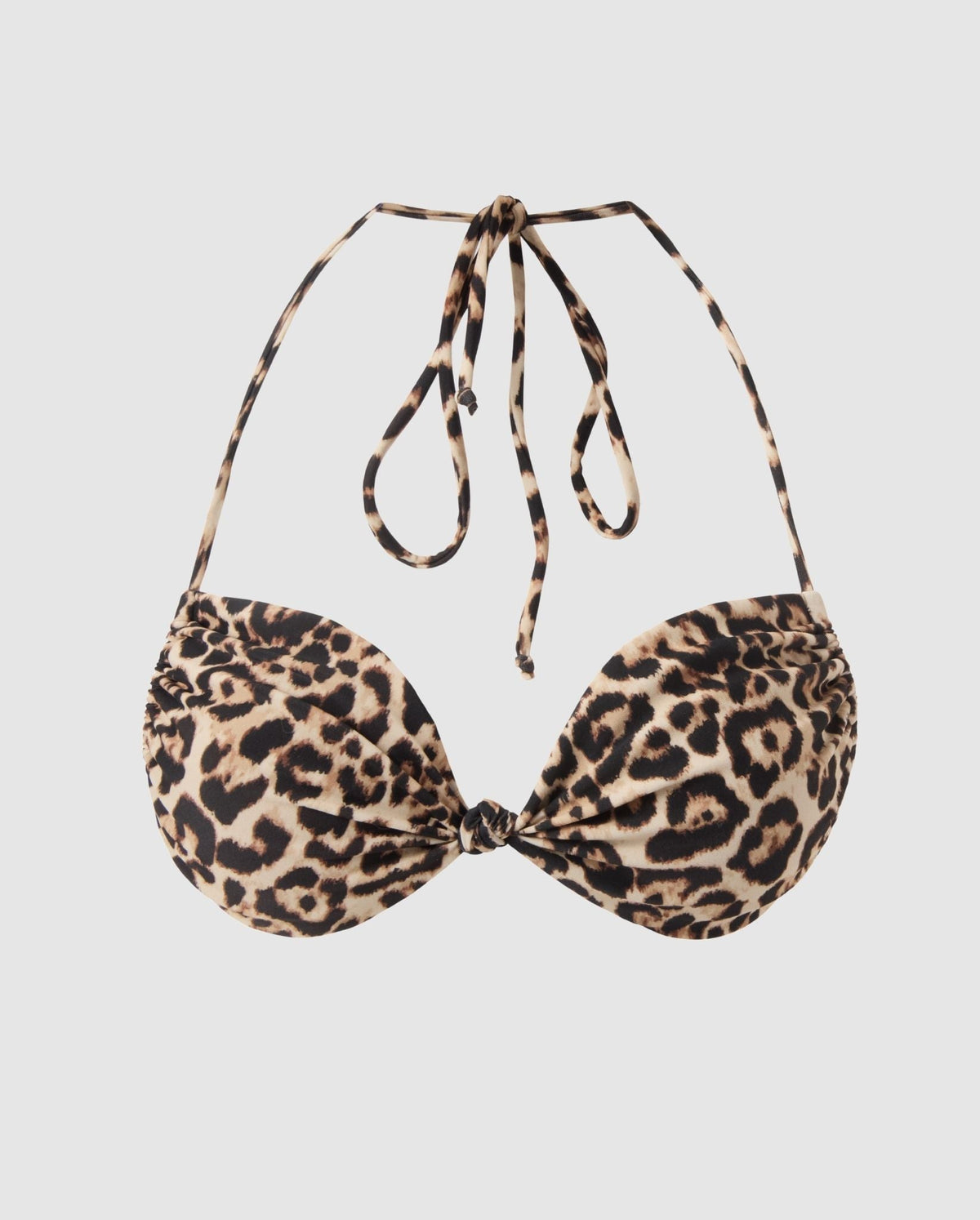 An flipped triangle bikini top in a leopard print.
