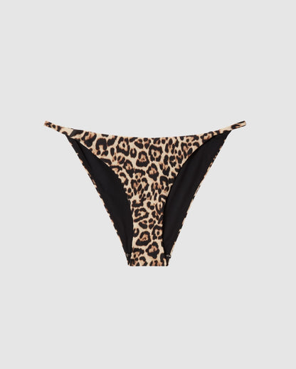 An tanga bikini bottom in a leopard print.