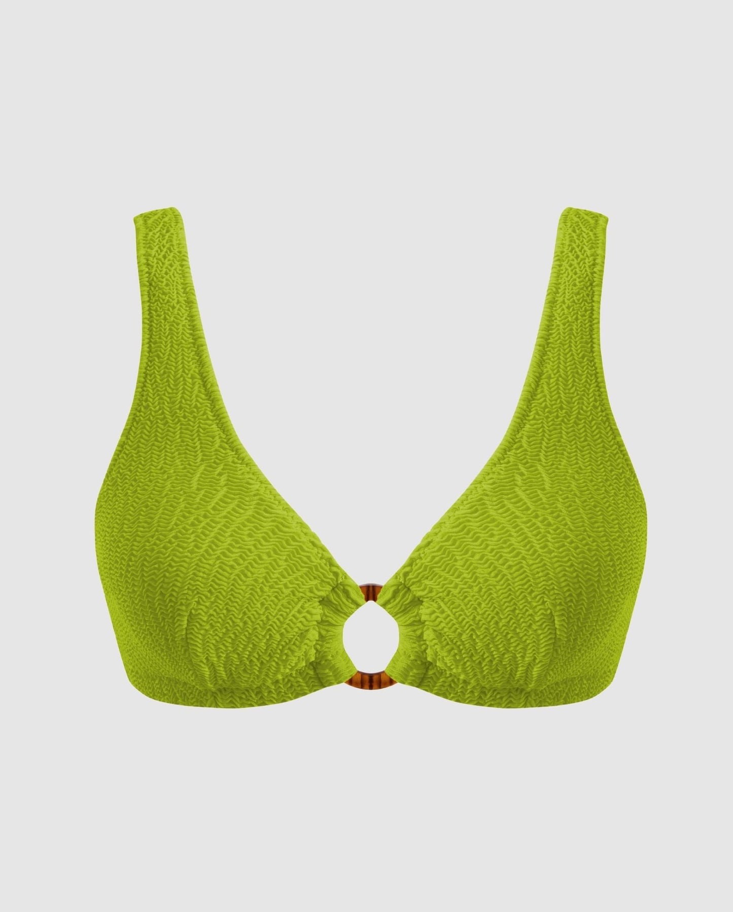 A scoop bikini top in matcha green with a ring. 