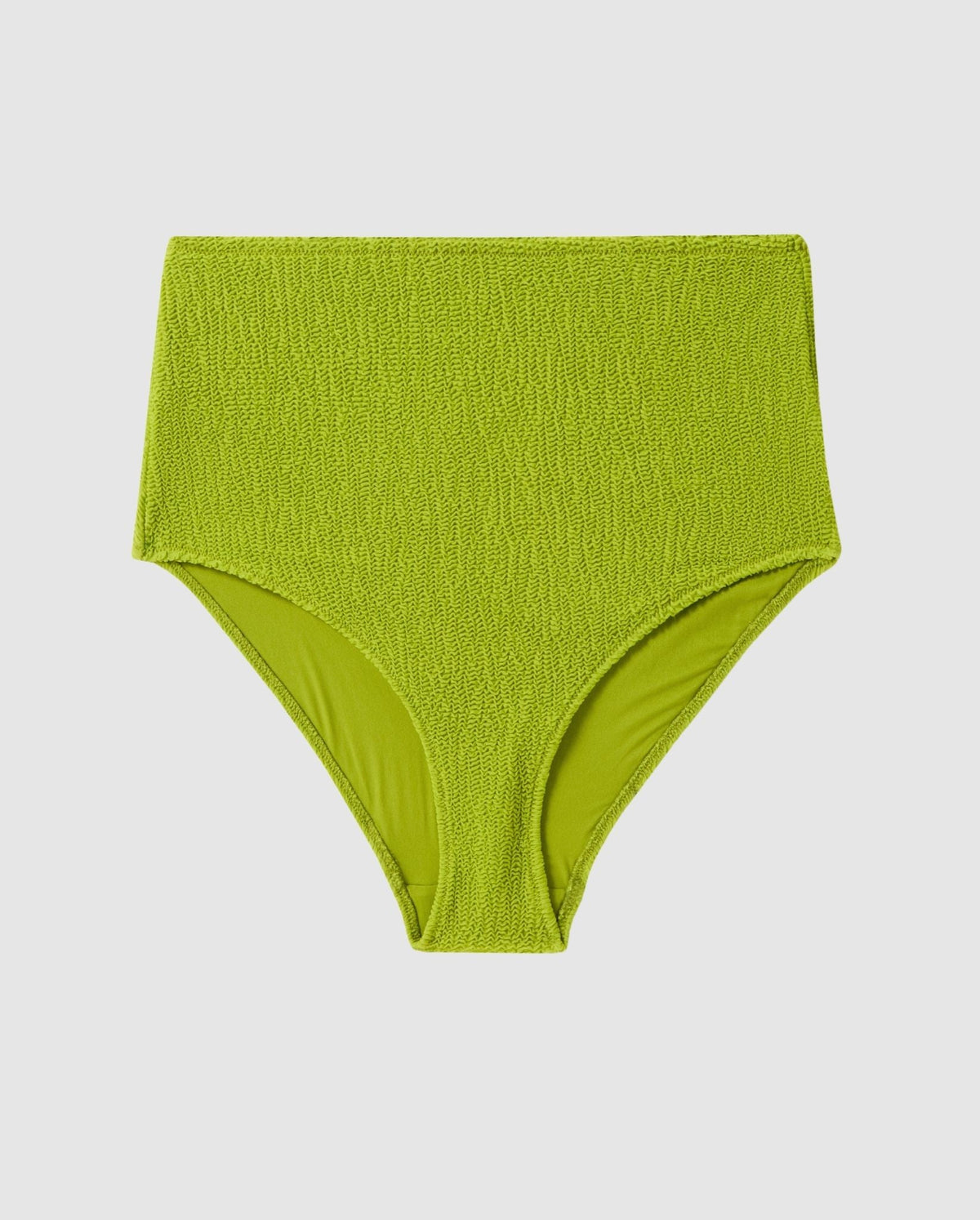 An high-waist bikini bottom in a matcha green.