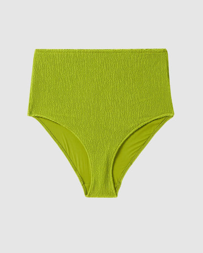 An high-waist bikini bottom in a matcha green.