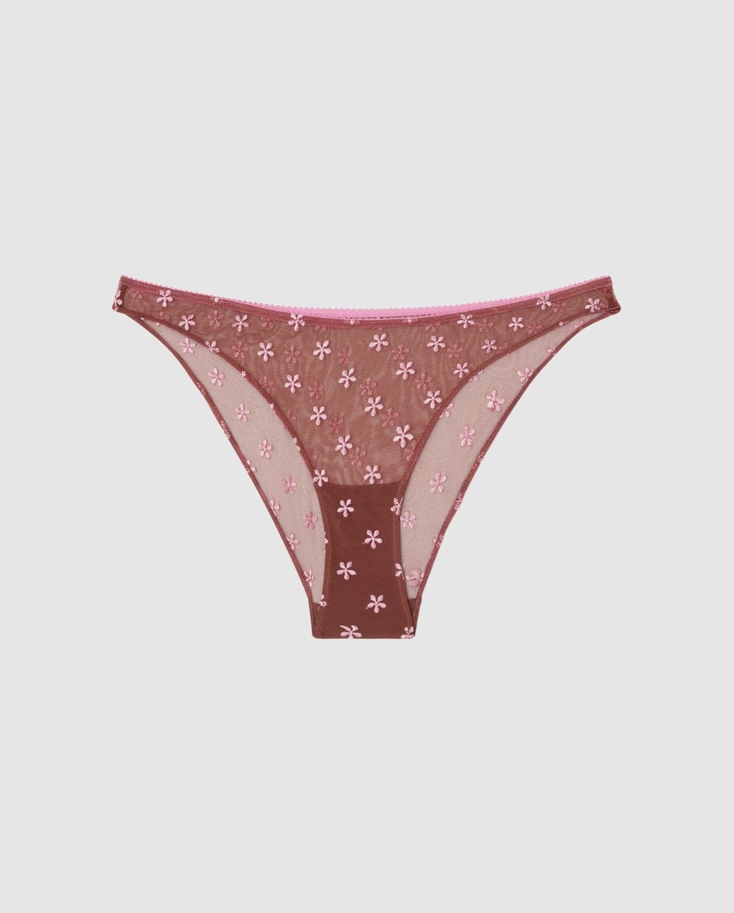 An mesh bikini brief in mocha brown pink flower accessories.